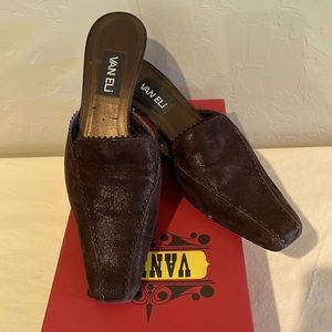 Vaneli dark brown sueded leather mules.